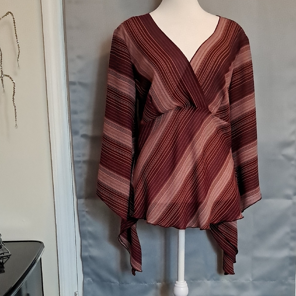 French Connection Burgundy Bell Sleeve Asymmetrical Blouse